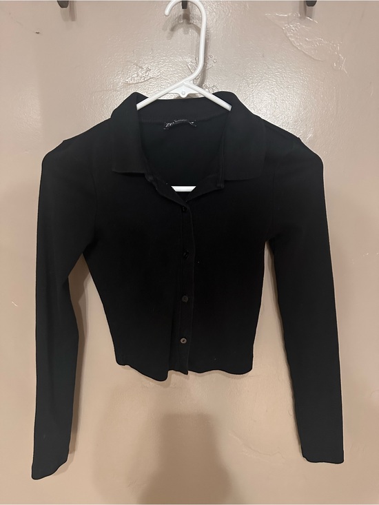Zara Tops - Zara Black Long-Sleeve Button-Down Cropped Ribbed Knit Shirt Size S